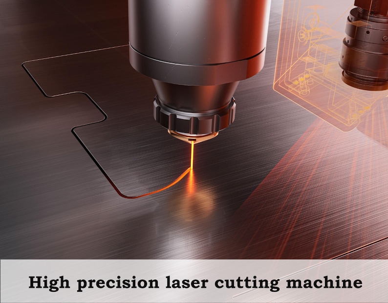 May include: A high-precision laser cutting machine in operation. The image shows a close-up of the machine head emitting a bright orange laser beam, cutting a pattern into a metal surface. The text "High precision laser cutting machine" is at the bottom.