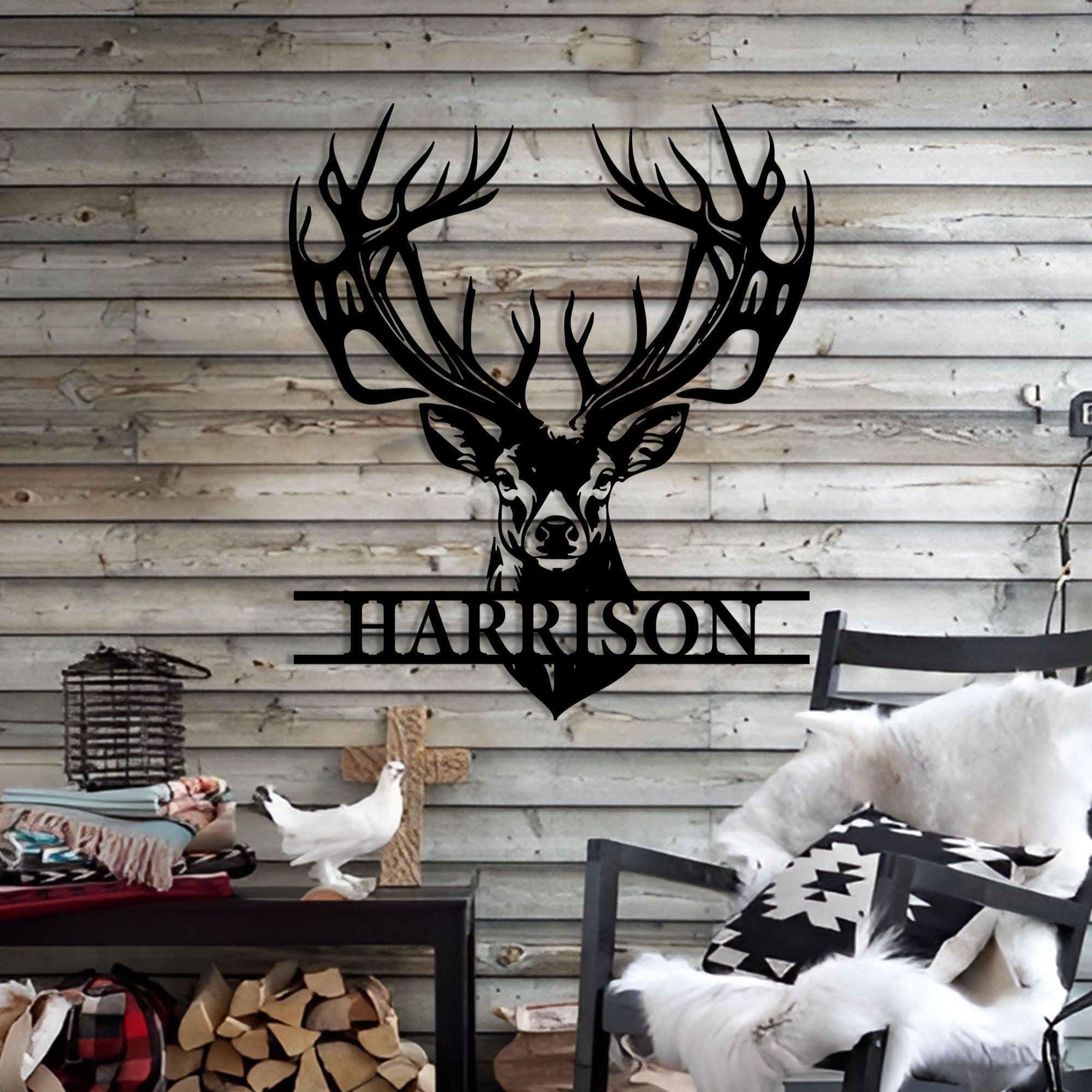 Deer Head Sign,Deer Antler Decor,Deer Hunter Gift,Deer Monogram Camp Sign,Christmas Gift For Him,Deer Name Metal Sign,Fathers Day Gift,Gift