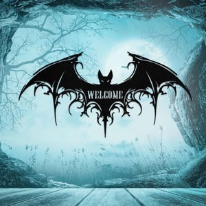Metal Bat Wall Art: Gothic Halloween Welcome Sign