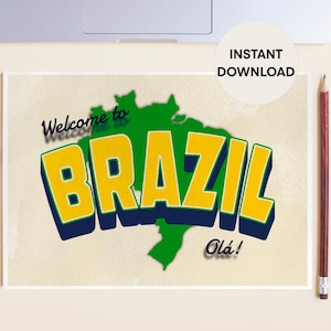 Cartão postal de boas-vindas ao Brasil de belas artes, cartão de viagem para impressão Ola, cartão com imagem do mapa do Brasil, cartão postal com letras de viagem do Brasil para a América Latina