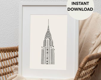 Chrysler Building Illustration Poster, Minimalist New York City Travel Wall Art Print, Black and White Line Digital Art Print
