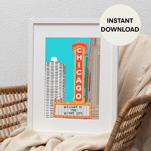 Chicago Theatre Travel Art Print, Minimalist Chicago Landmark Wall Art Decor, Welcome to the Windy City Illustration Wall Poster