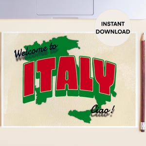 Carte postale de bienvenue en Italie, carte illustrée de carte d'Italie, carte imprimable de voyage rouge blanc vert, carte postale de lettrage de carte d'Italie