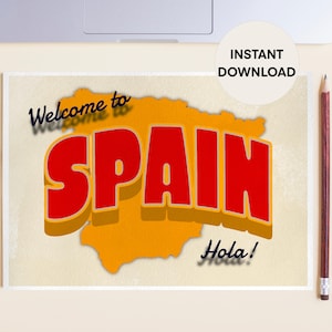 Fine Art Welcome to Spain Postcard, Hola Travel Printable Card, Map of Spain Picture Card, Europe Trip Lettering Postcard