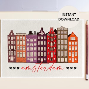Postal de bellas artes de Ámsterdam, tarjeta con imagen de casas danzantes, tarjeta de felicitación imprimible de viaje con casas en los canales, postal con letras de viaje a los Países Bajos