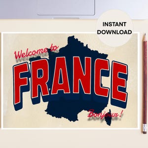 Welcome to France Postcard, Illustrated France Map Picture Card, Blue White Red Travel Printable Card, Map of France Lettering Postcard