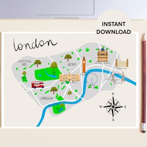 Fine Art City of London Karte Postkarte, London Karte Postkarte mit Big Ben, London Reise druckbare Karte, England Reise Karte Postkarte