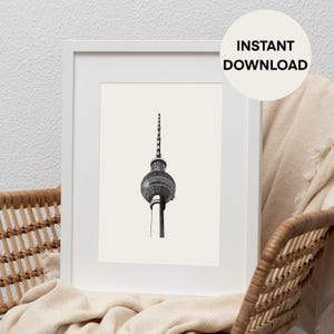 Berlin Fernsehturm Illustration Poster, Minimalist Berlin Tower Germany Travel Wall Art Print, Black and White Line Digital Art Print