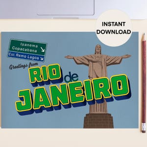Cartão postal com saudações de belas artes do Rio de Janeiro, cartão para impressão de viagem ao Rio, cartão com imagem do Cristo Redentor, cartão postal com letras de viagem ao Brasil