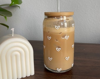 Valentine's Day Heart Glass Cup with Bamboo Lid and Glass Straw, 16 oz Beer Can Glass Cup, Iced Coffee Glass Cup, Soda Glass Can, Heart Wrap