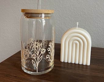 Floral Glass Iced Coffee Cup with Bamboo Lid & Straw - 16 oz
