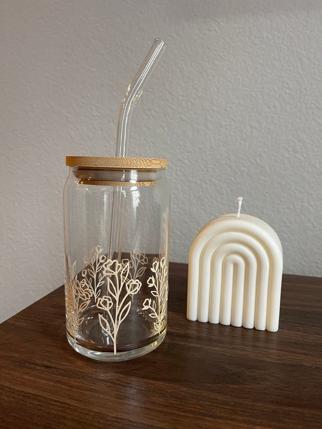 Flower Cup With Bamboo Lid and Glass Straw, 16 Oz Beer Can Glass Cup ...