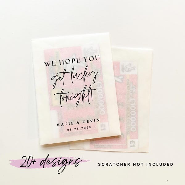 Bolsa de regalo con 20 billetes de lotería "Esperamos que tengas suerte esta noche" // Regalo de boda personalizado con raspaditos, porta billetes de lotería para bodas