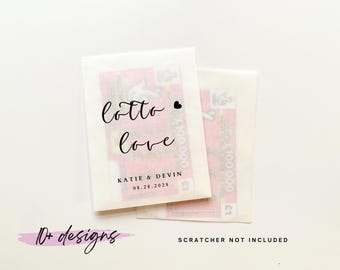 Bolsa de regalo con 20 billetes de lotería Lotto Love / Lotería para jubilados felices // Recuerdo de boda personalizado con raspaditos, porta billetes de lotería para bodas