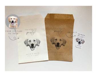May include: Two paper treat bags, one cream and one brown, with a Golden Retriever illustration and the text "Fur after the pawty!" along with the names Katie & Devin and the date 11/11/2027. A sticker with the same design is also shown.