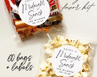 May include: Clear cellophane bags filled with snacks and popcorn, labeled "Enjoy a Midnight Snack" with a personalized name and date. The image includes the text "60 bags + labels" and "diy favor kit".