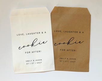 May include: Two white and brown paper bags with the text "LOVE, LAUGHTER & A cookie FOR AFTER!" and the names "EMILY & JASON" and the date "07 | 27 | 2027".