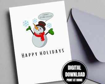 May include: A white holiday card with a cartoon snowman wearing a black hat, red scarf, and green mittens. The snowman is holding snowflakes and has a speech bubble that says "LOOK! STEM CELLS!". The card also says "HAPPY HOLIDAYS". A gray envelope is next to the card.