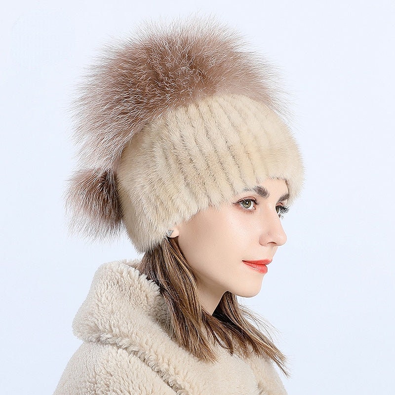 Womens Elegant Real Mink Fur Hat Knitted Cap Warm Beanie Skull W Fox Fur  Brim
