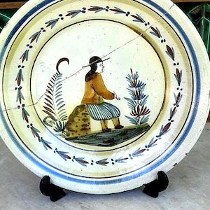 French antique Henriot Quimper hand painted 19th Century plate with old stapled repair
