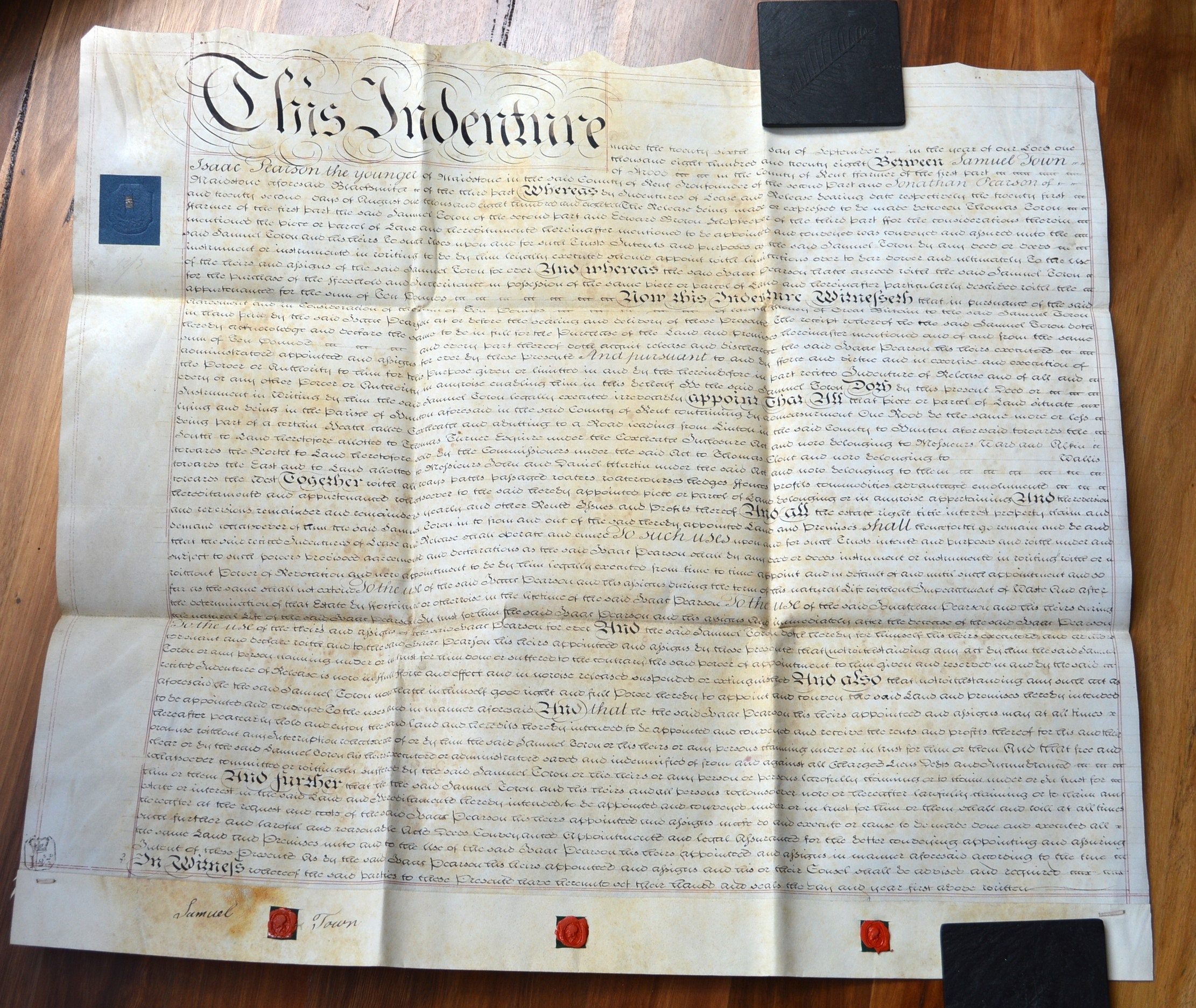 A Beautiful Handwritten Antique 1828 Vellum Indenture Between Samuel