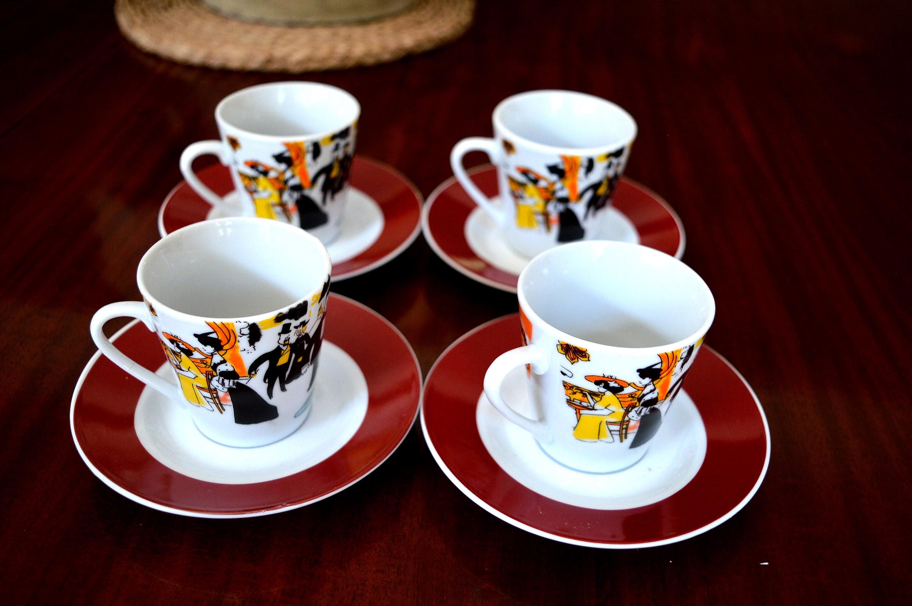 4 Tasses à Café Maxim's Paris Avec Soucoupes - Décor Sem - Porcelaine