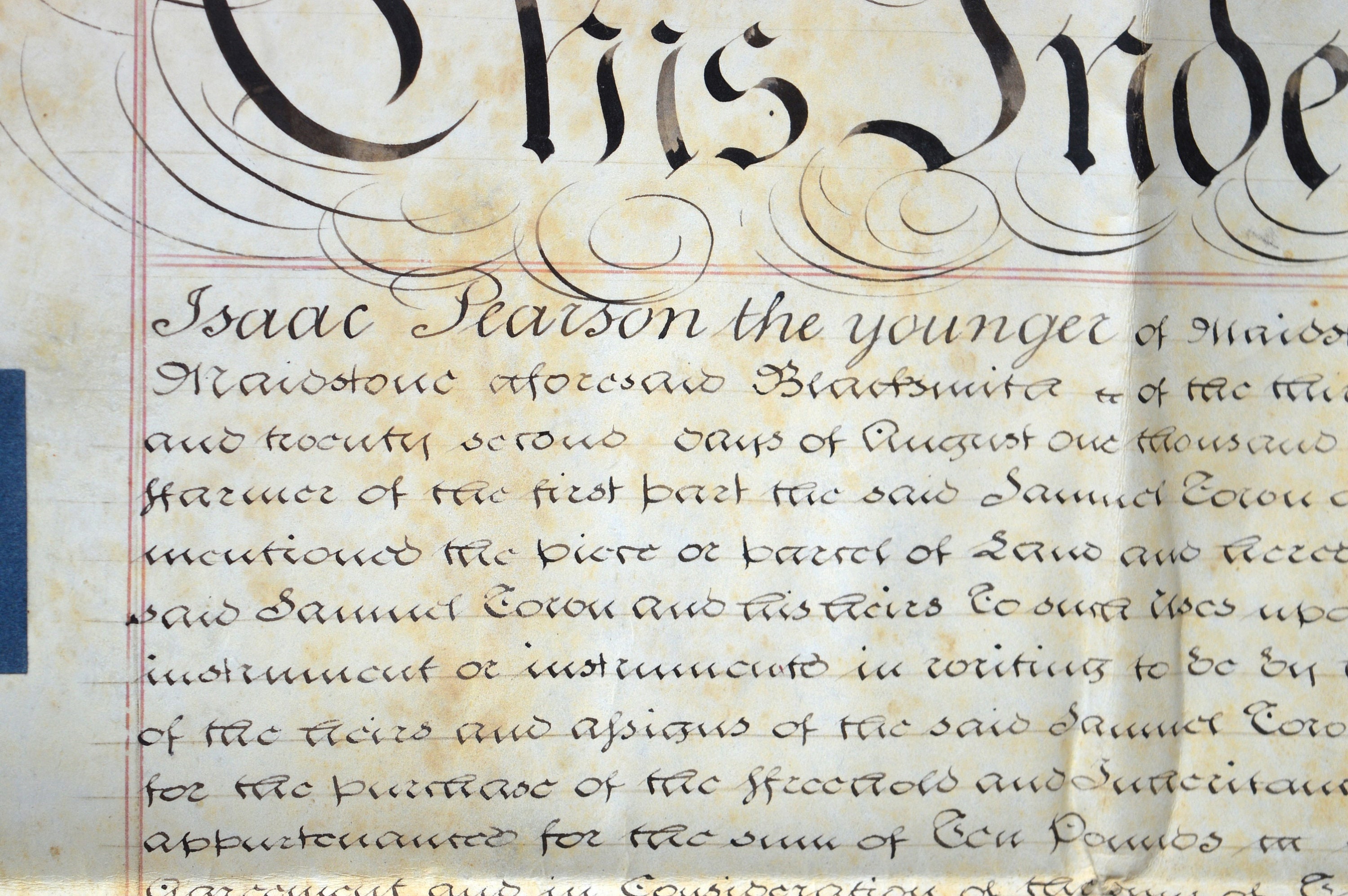 A Beautiful Handwritten Antique 1828 Vellum Indenture Between Samuel