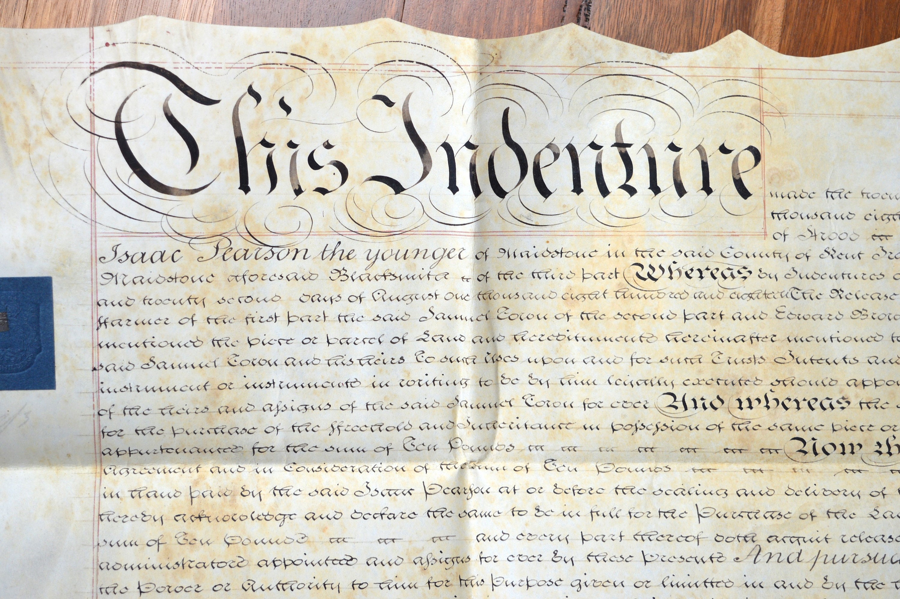 A Beautiful Handwritten Antique 1828 Vellum Indenture Between Samuel