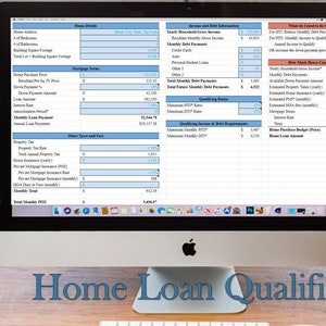 Puede incluir: Una pantalla de computadora que muestra una hoja de cálculo con el título "Home Loan Qualifier". La hoja de cálculo está dividida en secciones para información de ingresos y deudas, ratios de calificación y presupuesto de compra de vivienda. La hoja de cálculo está diseñada para ayudar a los usuarios a estimar sus pagos de hipoteca, impuestos a la propiedad y otros gastos de vivienda.