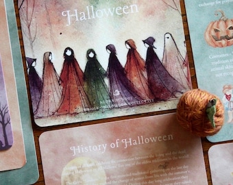 以下が含まれることがあります： 水彩イラストが描かれたハロウィーンをテーマにしたカードのコレクション。1枚のカードには、マントを着た人物、「ハロウィーン」という言葉、そして「ACORN SCHOOL WHOLE CHILDHOOD COLLECTIVE」というテキストが描かれています。小さな糸のパンプキンが前景にあります。