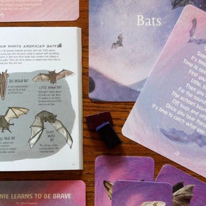 May include: A set of illustrated cards featuring bats and moths. The cards have a watercolor background with a purple and pink gradient. The text on the cards reads "Bats" and "Polilla".
