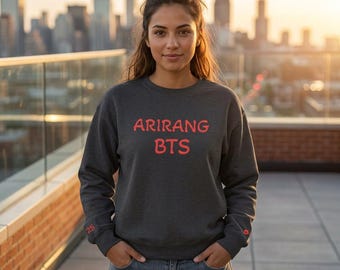ARIRANG BTS Embroidered Sweatshirt, ARMY Concert Crewneck, Red Lettering Wrist Detail