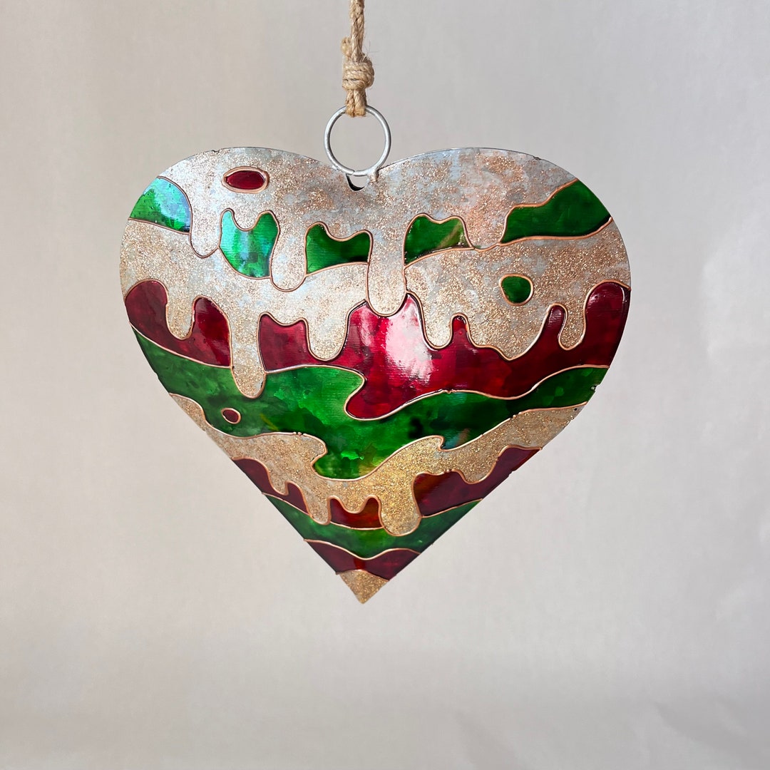Large Christmas Metal Heart Ornament, 9in Xmas Metal Hanging, Metal