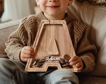 Nombre personalizado Alcancía, Banco de monedas inicial personalizado, Caja de dinero con letras de madera, Caja de dinero, Regalo para niños, Regalo para bebés, Regalo para bebés