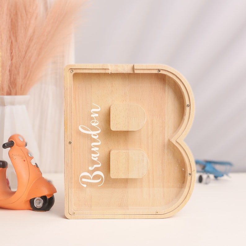 Personalized Name Piggy Bank, Custom Initial Coin Bank, Wooden Letter Piggy Money Box, Money Box, Gift For Child, Baby Boy Gift, Baby Gift image 9