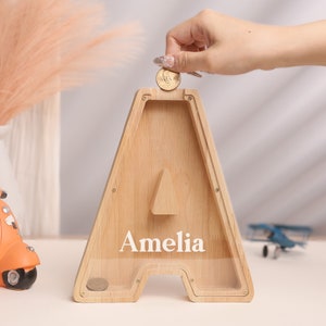 Personalized Name Piggy Bank, Custom Initial Coin Bank, Wooden Letter Piggy Money Box, Money Box, Gift For Child, Baby Boy Gift, Baby Gift image 2