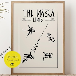 May include: Framed art print featuring black line drawings of the Nazca Lines on a cream background. The text "THE NAZCA LINES" is at the top. A yellow circle with "Instant Download" is in the lower left corner. The print is in a light brown frame.