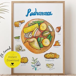 Lámina artística de comida peruana Pachamanca: Decoración de cocina pintada a mano (Descarga digital A1, 300 DPI)