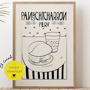 Può includere: Illustrazione in bianco e nero incorniciata con un panino e una bevanda su un tavolo. Il testo "PAN CON CHICHARRON PERV" è in alto. Un cerchio giallo con "Instant Download" è in basso a sinistra.