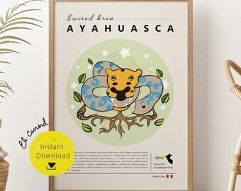 Ayahuasca Print Wall Art Botanical Decor gifts for him Ayauasca Retro funky deco Amazon brew sacred plant Poster shamanic ceremonial Prints