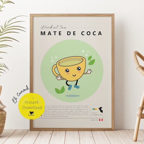 Coca tea yerba print Andean folk poster cartoon prints decor leave prints deco herbal vintage retro wall art inca mate de Coca Leaf Infusion