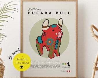 Pucara bull print Peruvian Love Torito folk poster cartoon prints decor Peru prints red ox deco vintage funky retro wall art lucky you