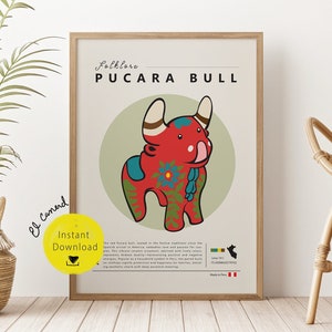 Impresión de toro Pucara, póster popular peruano Love Torito, impresiones de dibujos animados, decoración, impresiones peruanas, buey rojo, arte de pared retro funky vintage, suerte para ti