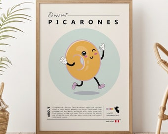 Peru wall art Picarones Cartoon Peruvian Sweet Potato Donuts deco Poster Trendy Funky Retro art Dessert Fritters for printable Decor prints