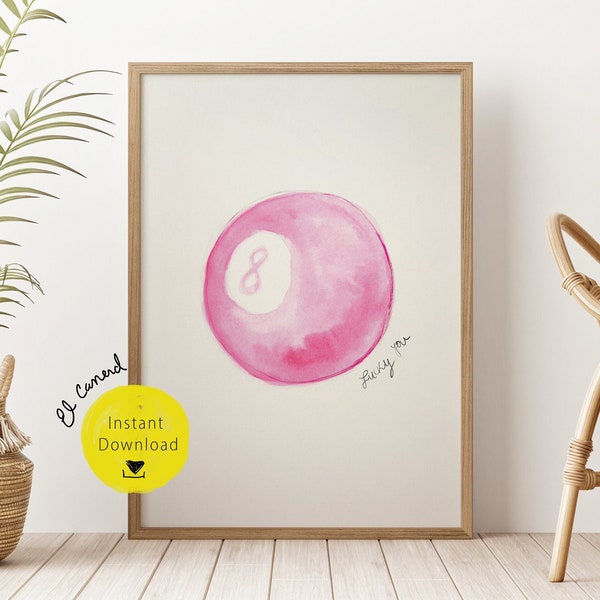 Coquette Pool 8 ball decor Lucky you trendy eight billiard balls poster decor wall art sweet pink game room decor aesthetic hand-drawn print