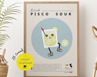 Peru Wall Art Trendy Funky Retro Peruvian Pisco Sour Prints for Printable Wall Decor Poster and Peruvian Kitchen cocktail Art Print digital
