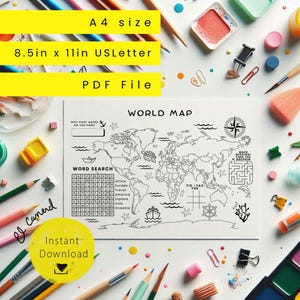 World Map Coloring Placemat Kids&#39; Educational Activity Menu page travel printable craft restaurant color sheet instant download party fiesta