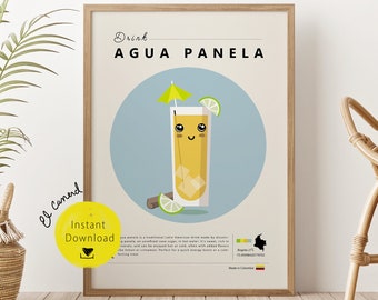 Agua panela drink print Colombian poster cartoon prints decor tea prints deco Colombia vintage retro wall art  bar cart Infusion
