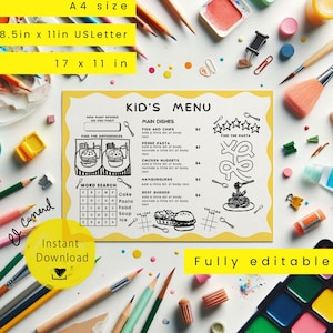 Może przedstawiać: Żółto-białe menu dla dzieci z ilustracjami potraw, wyszukiwaniem słów i tekstem "Kid's Menu". Menu otoczone jest materiałami plastycznymi, w tym ołówkami, farbami i pędzlami. Menu jest w formacie A4.