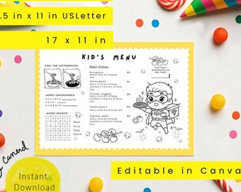 Kids menu restaurant Placemat Template editable activity casual dining pizzeria children pizza Trattoria page Italian pasta food coloring IT